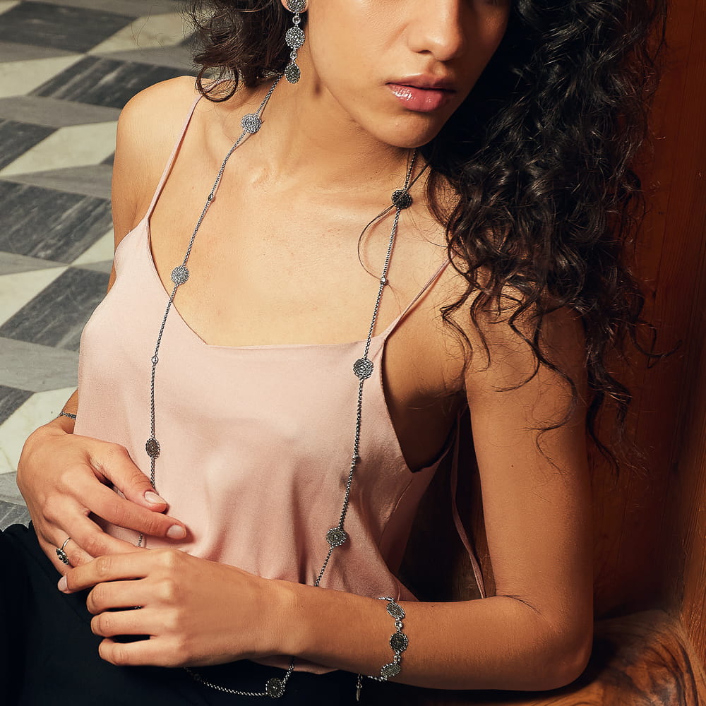 Collana Floreale Lunga Pietre Rosa - R1103/110/Rv/Pro