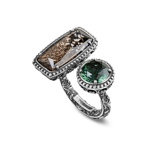 ANELLO ESTASI DOPPIO PIETRA RETTANGOLARE E TONDA